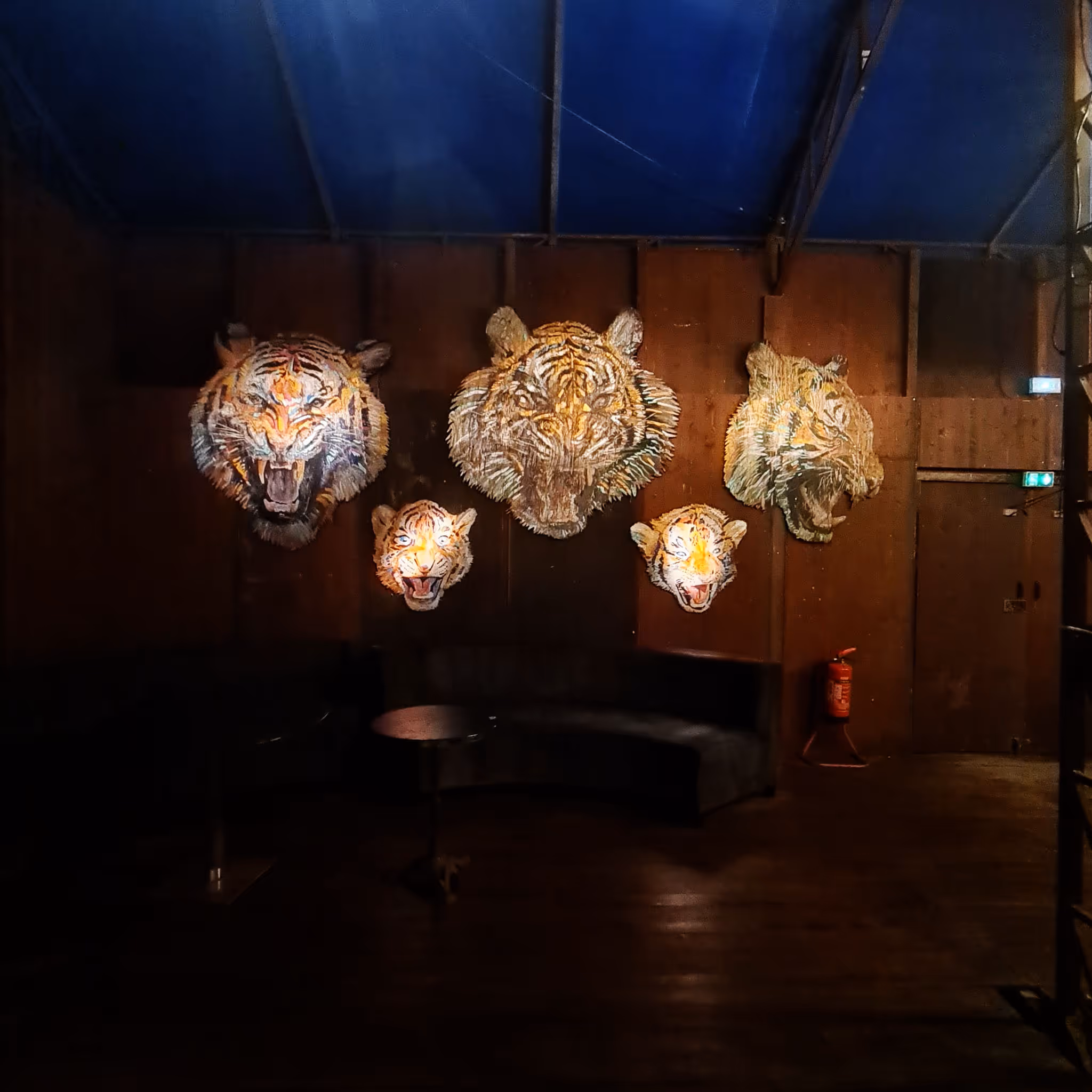 Installation artistique avec cinq têtes de tigres lumineuses accrochées à un mur en bois à l'intérieur d'une salle sombre sous un plafond bleu.