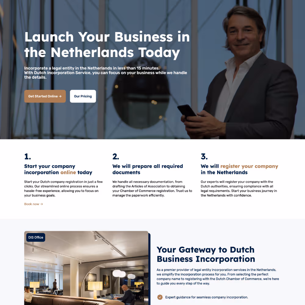 Dutch Incorporation Services website design & development by Jacob Development