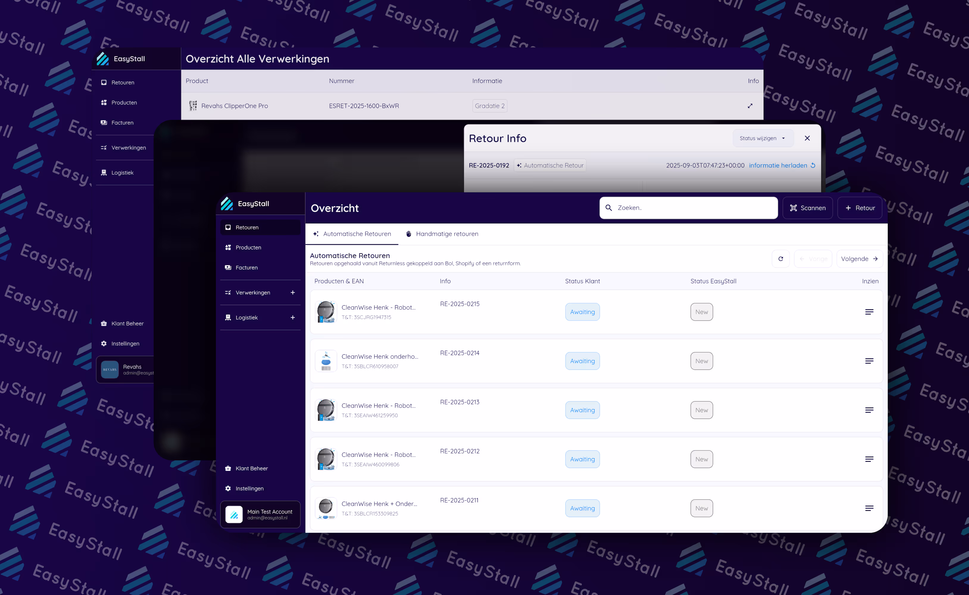 Easystall dashboard application, is the in house return managment system for easystall, application created by Jacobs Development