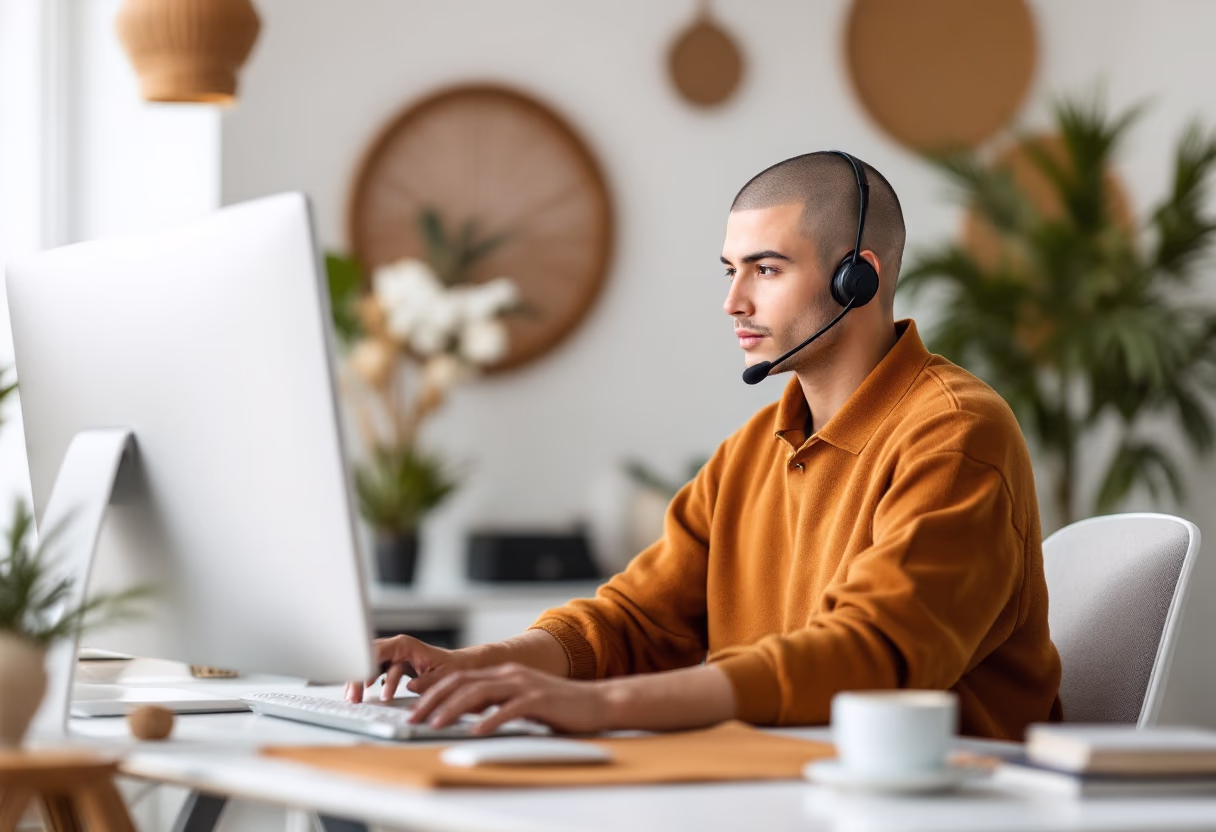 image of customer support representative on a call (for a ai biotech company)