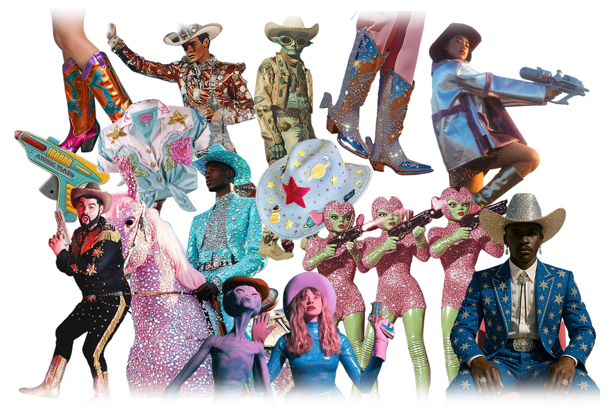 Photo collage of aliens and cowboys all dressed in space cowboy type outfits to show ides for cosumes