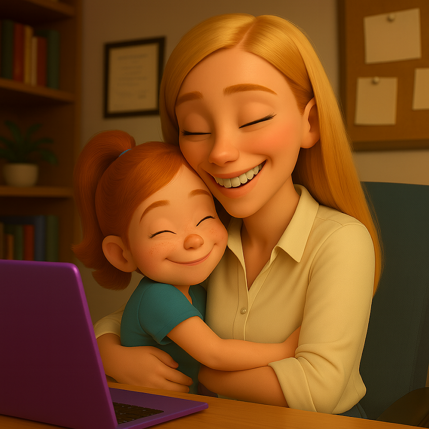 Working mom at laptop balancing work and family. 