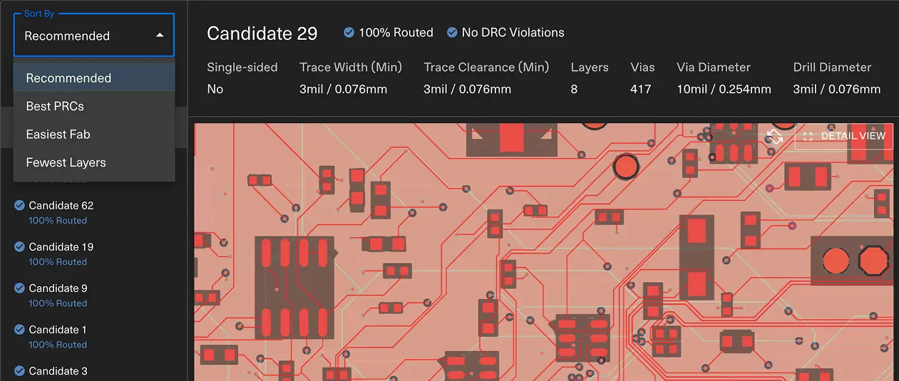 Quilter candidate reviewer showing a 100% routed board with no DRC violations