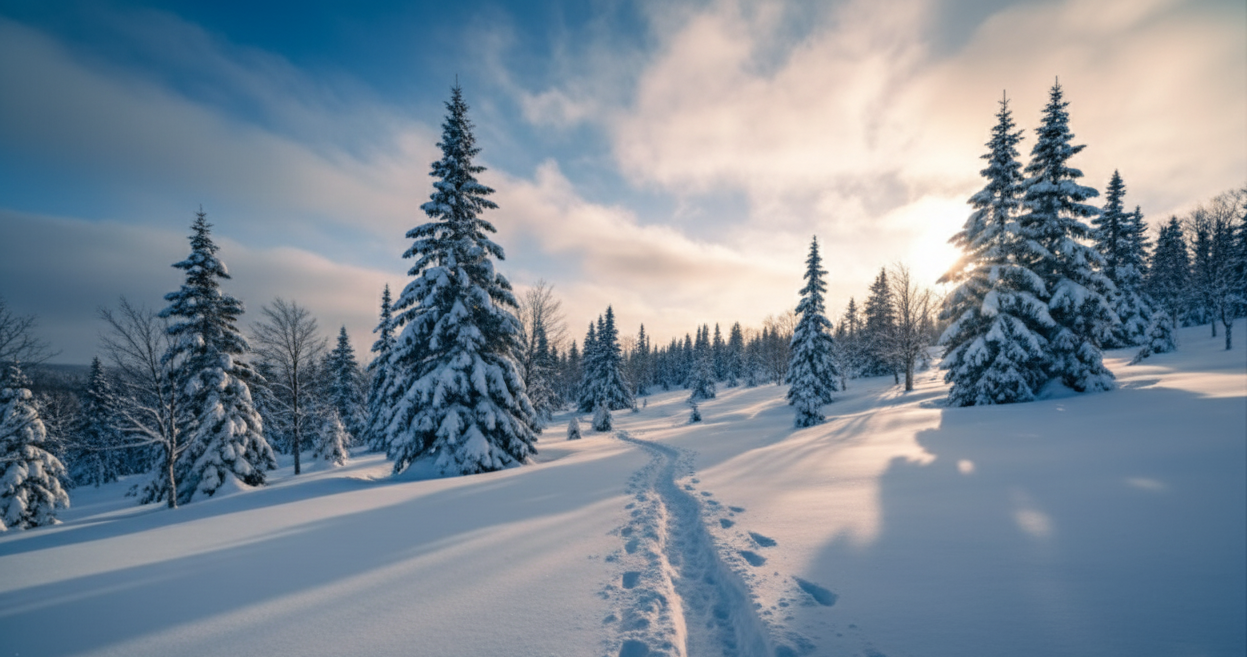 Snow-covered pine trees in a winter landscape with a path of footprints in fresh snow leading into the distance under a partly cloudy sky.