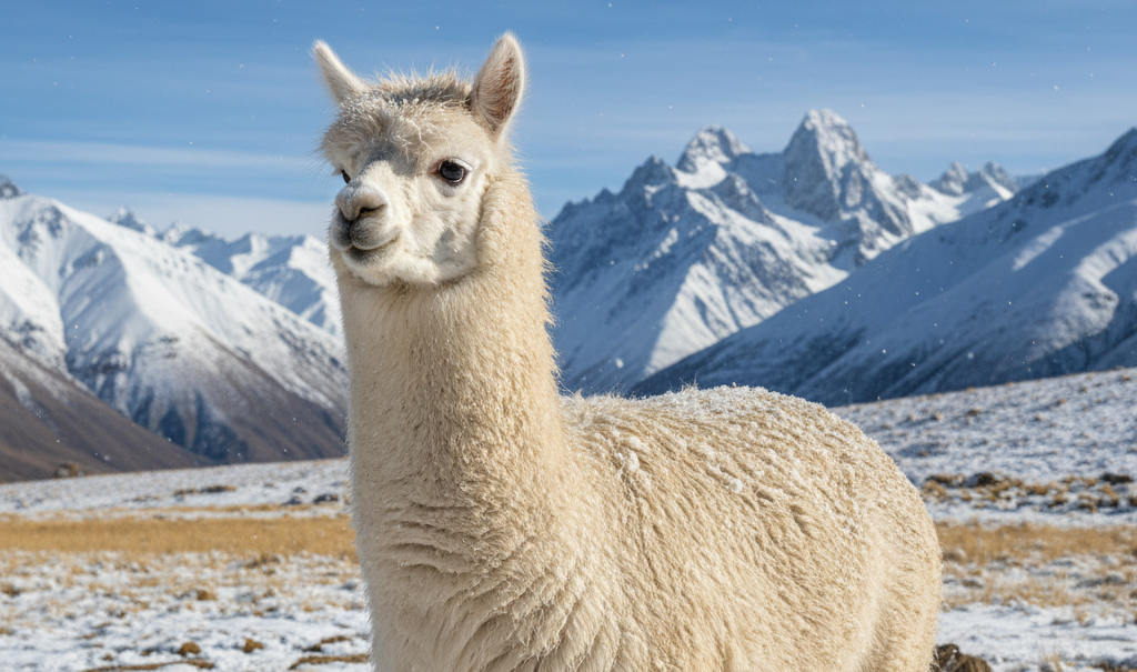 White alpaca standing on snowy grassland with snow-covered mountains in the background under a clear sky.