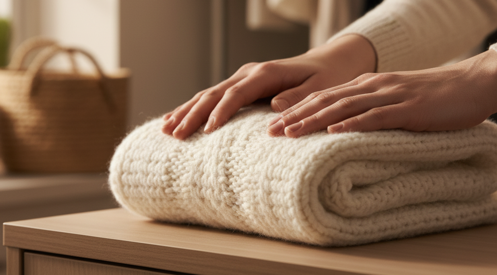 Hands gently resting on a folded cream-colored knitted blanket on a wooden surface.