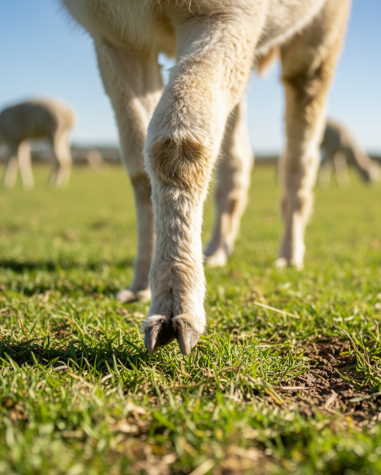 Close-up of an alpaca's front leg and foot standing on grass in a sunny field with blurred alpacas in the background.