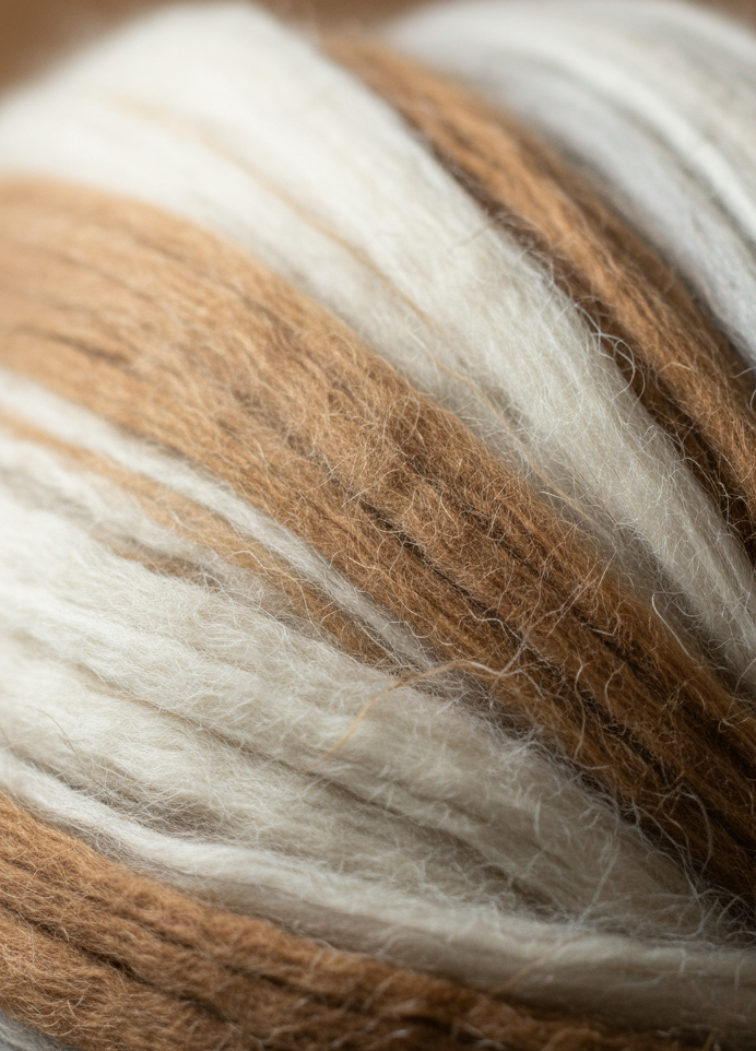 Close-up of soft wool fibers in alternating bands of white and light brown.