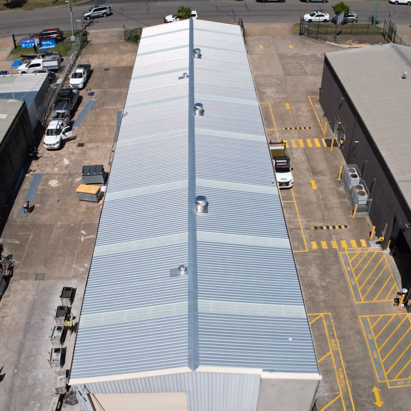 An aerial shot of a commercial building