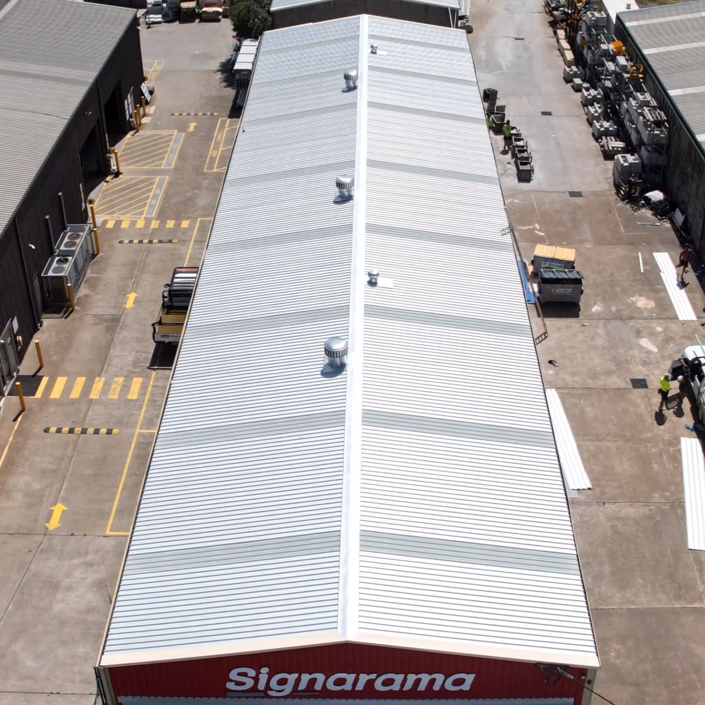An aerial shot of a commercial building