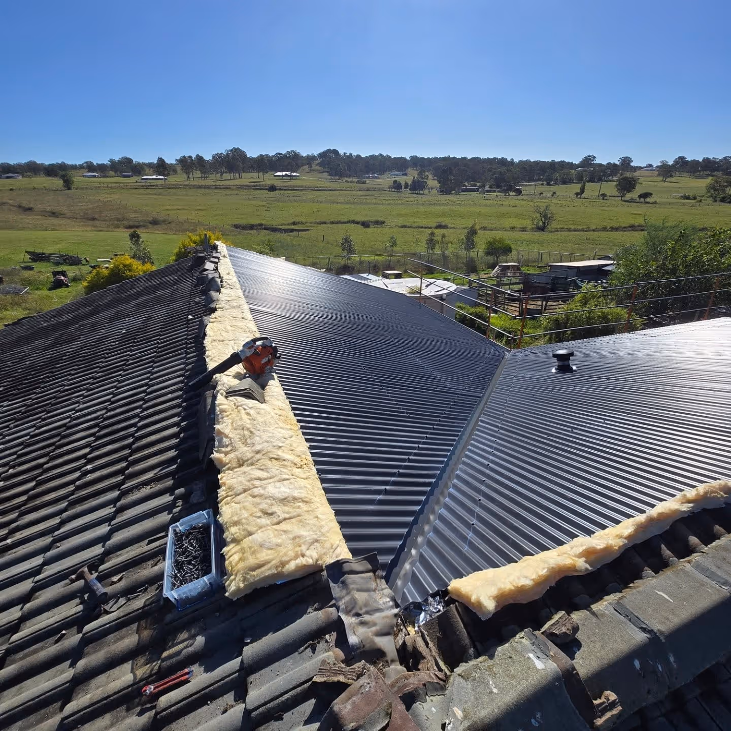 A roof midway through installation
