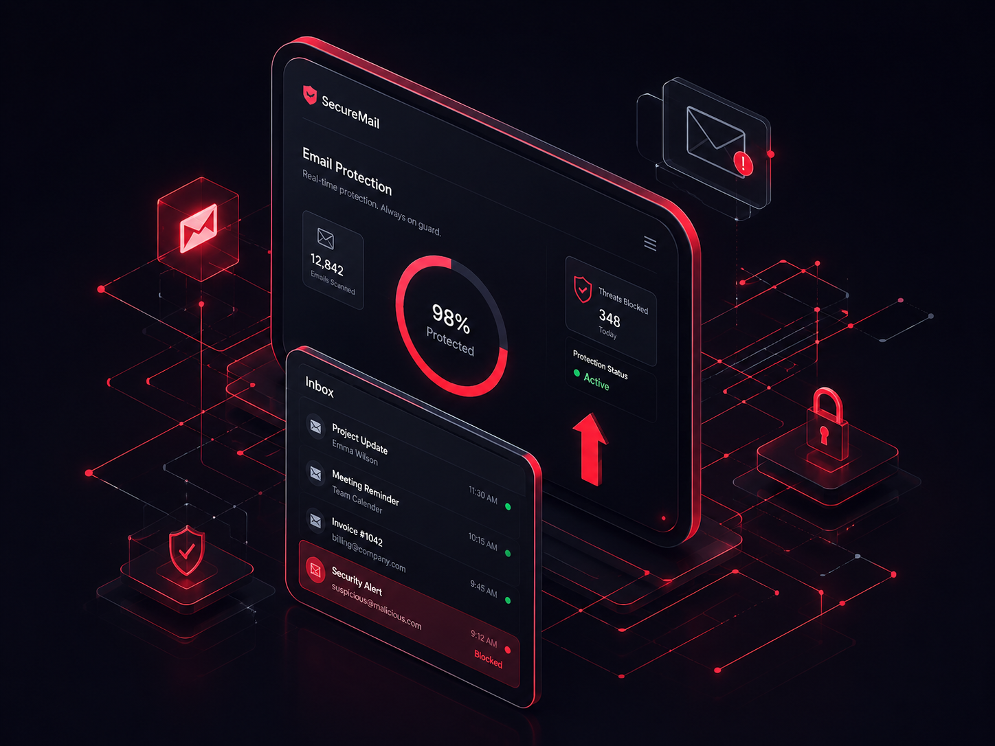 SecureMail interface showing 98% email protection with alerts, scanned emails, and blocked threats.