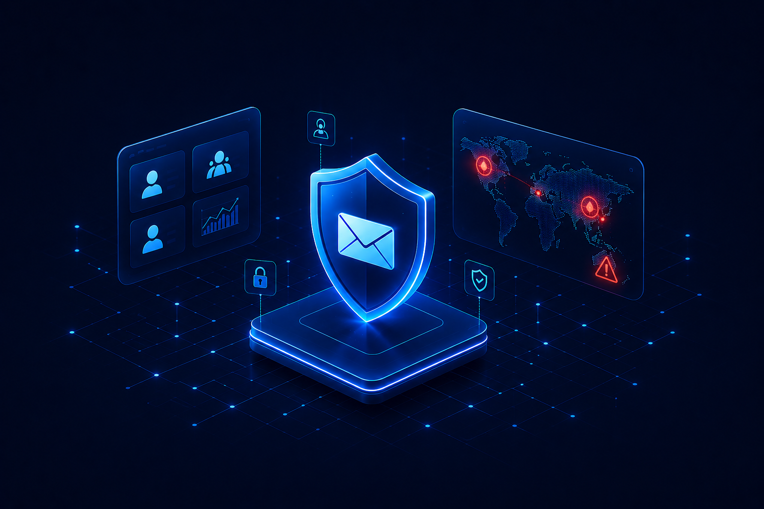 Glowing shield with email icon surrounded by user, lock, and world map danger visuals on dark digital grid.