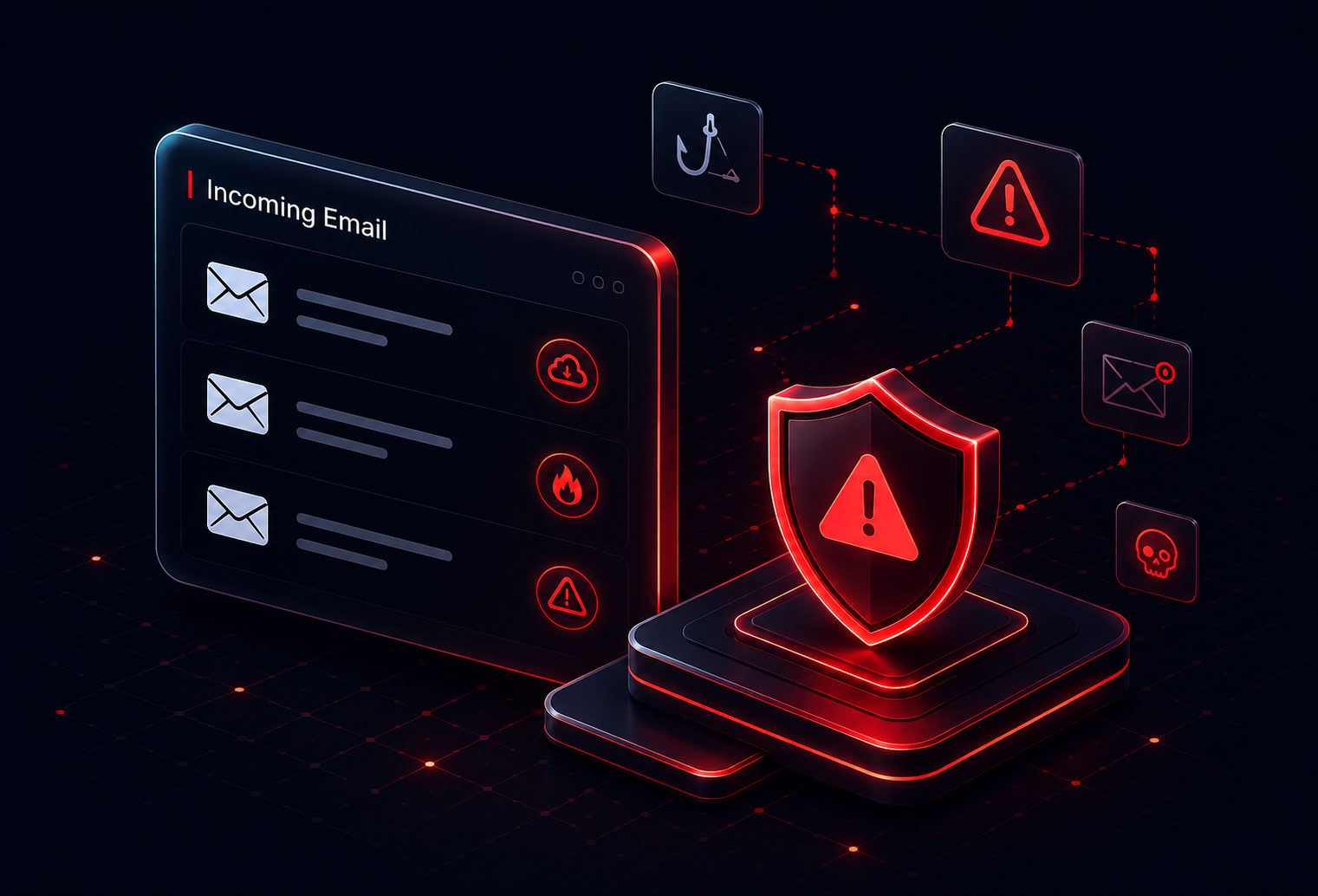 Digital shield protecting against threats from incoming emails with phishing, fire, and alert icons.