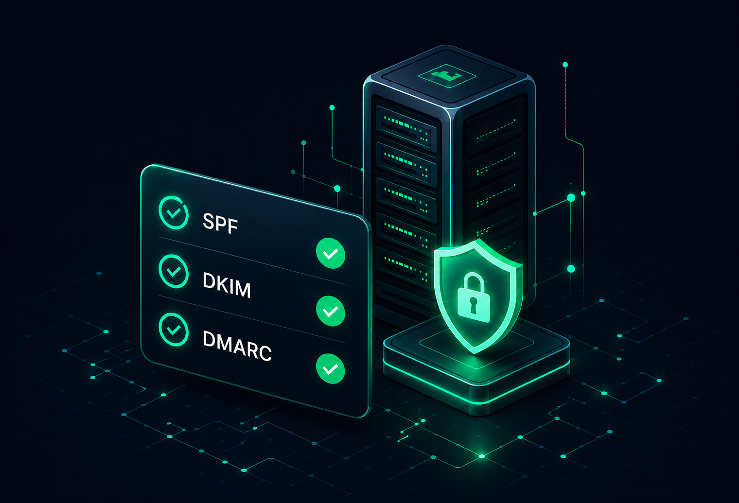 3D server with shield lock icon and checklists for SPF, DKIM, and DMARC email security protocols.