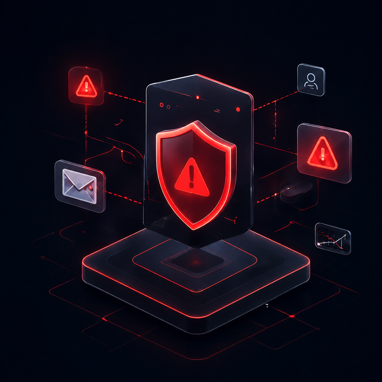 Glowing red shield with alert icons connected to email and user symbols on dark background.