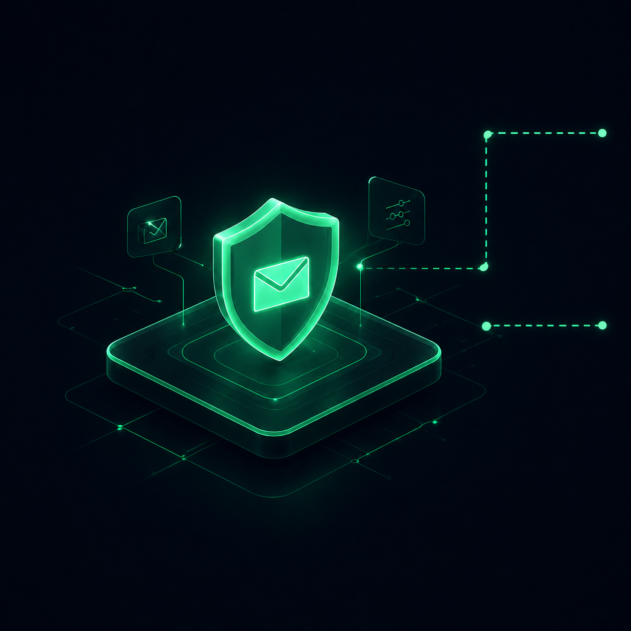 Glowing neon green shield with an envelope icon symbolizing email security on a digital platform.