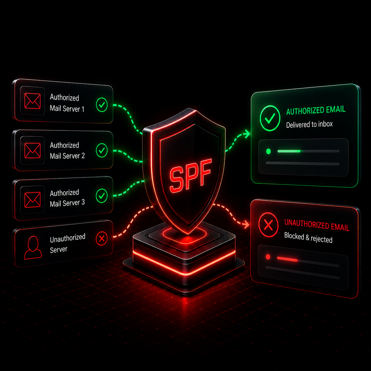 SPF email validation: authorized servers deliver mail, unauthorized server emails are blocked and rejected.
