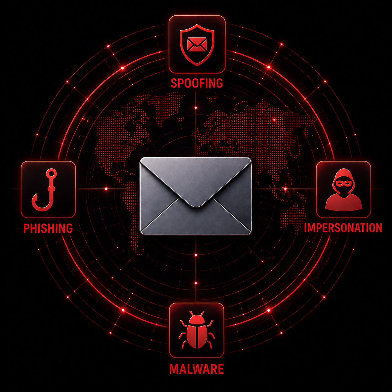 Central envelope icon with phishing, spoofing, impersonation, and malware symbols on a digital world map.