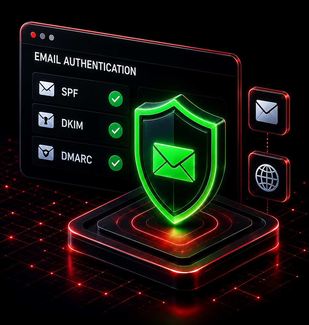 Digital shield with email icon and checkmarks for SPF, DKIM, and DMARC email authentication protocols.