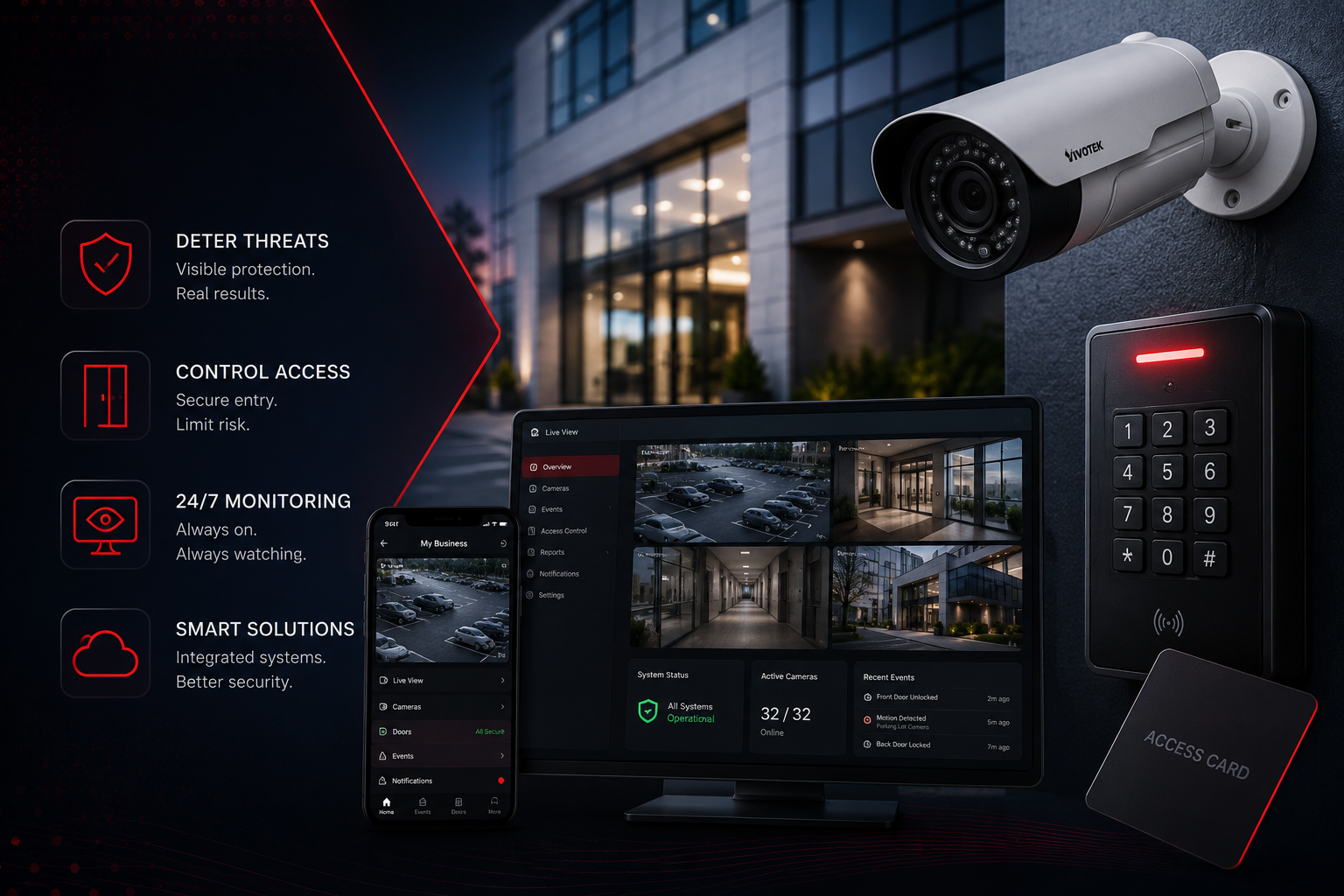Security system with surveillance camera, keypad access, access card, and live monitoring on phone and computer.