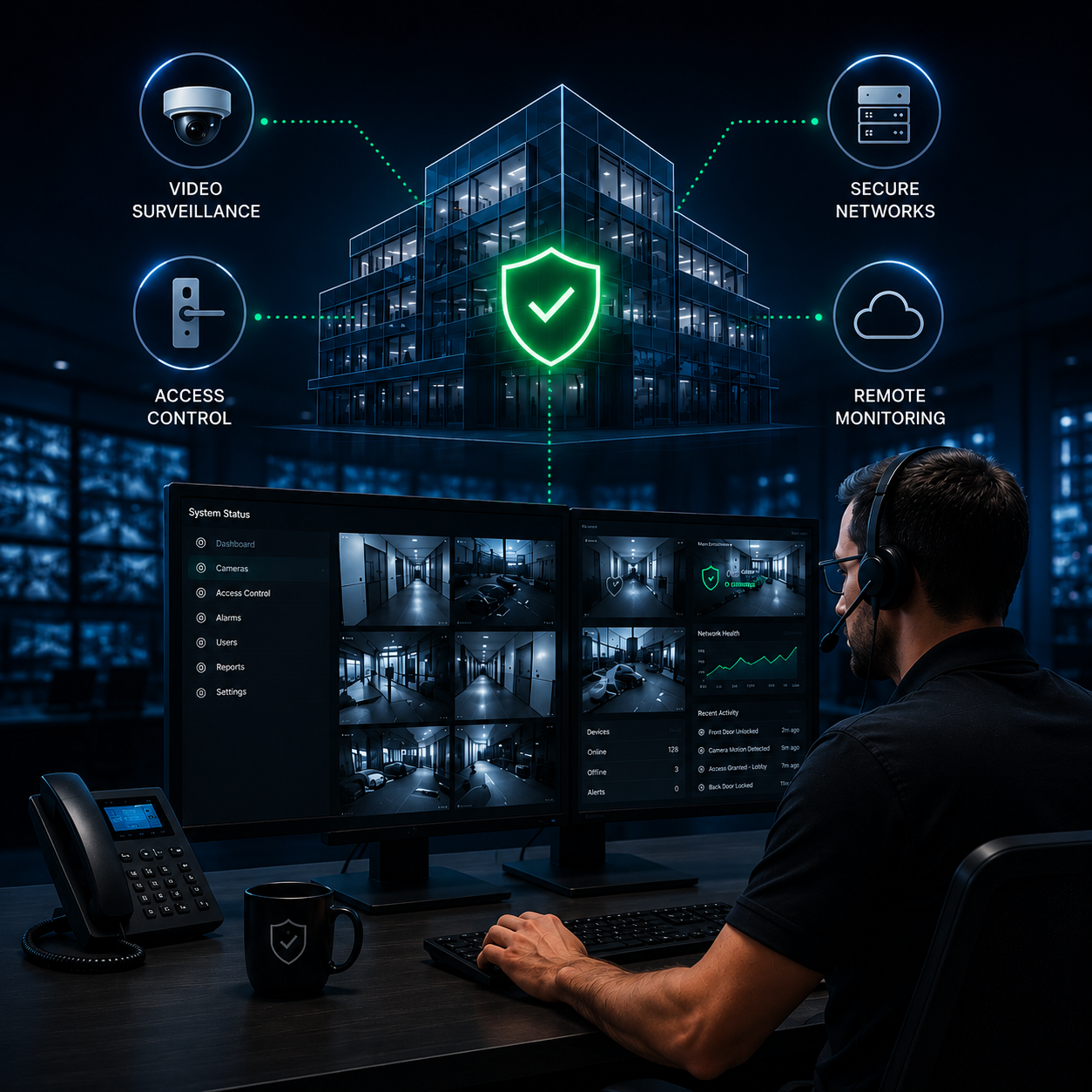 Security operator monitors building via dual screens showing cameras, access control, network, and alert data.