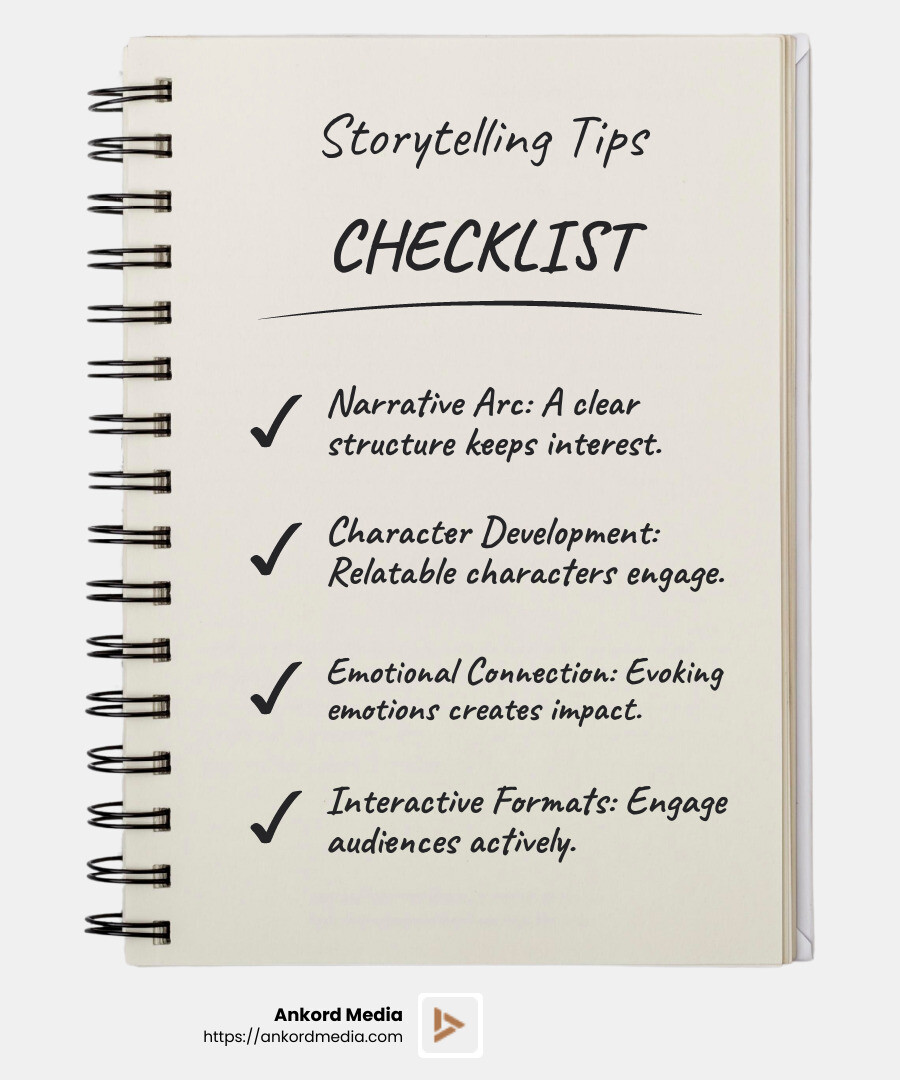 Interactive formats in digital storytelling are key to engagement - digital story app infographic checklist-notebook