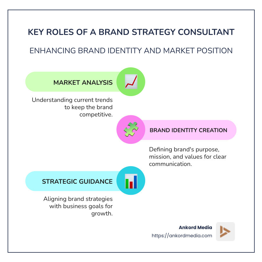Infographic detailing the key roles of a brand strategy consultant, including market analysis, brand identity creation, strategic decision guidance, and ensuring brand alignment with business objectives - brand strategy consultant infographic infographic-line-3-steps-colors