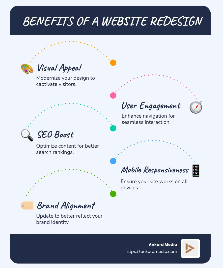 Infographic of Website Redesign Benefits: Visual Appeal, User Engagement, SEO Boost, Mobile Responsiveness - upgrade your old website with a fresh redesign infographic infographic-line-5-steps-blues-accent_colors