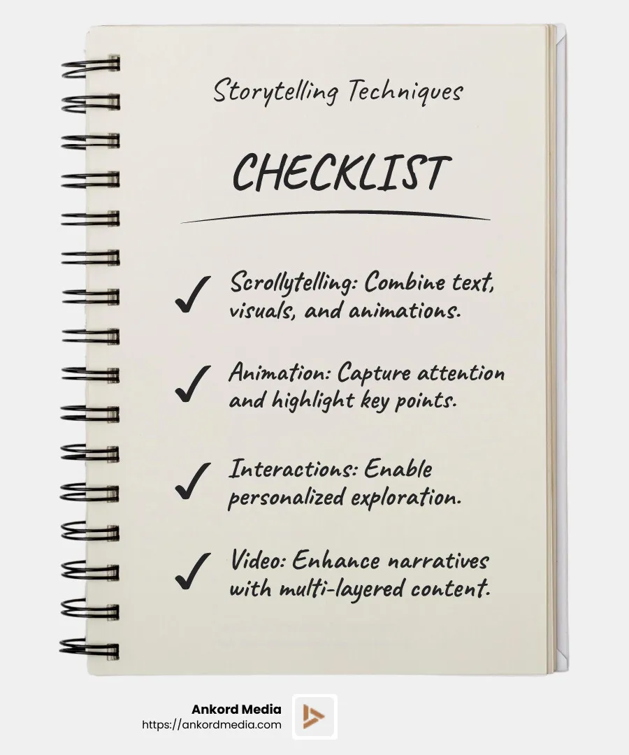 Scrollytelling and animation improve engagement in digital storytelling - digital storytelling techniques infographic checklist-notebook