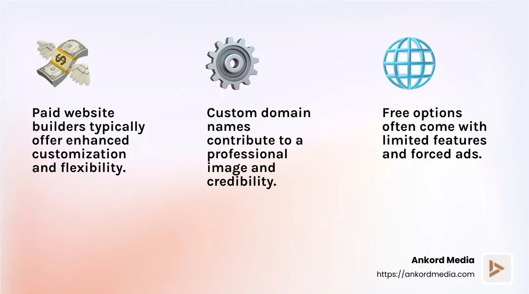 Paid website builders often offer better customization, no ads, and custom domains. - build website small business infographic 3_facts_emoji_light-gradient