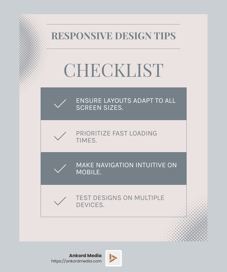 Responsive design ensures your website looks great on all devices. - web design expert infographic checklist-light-blue-grey