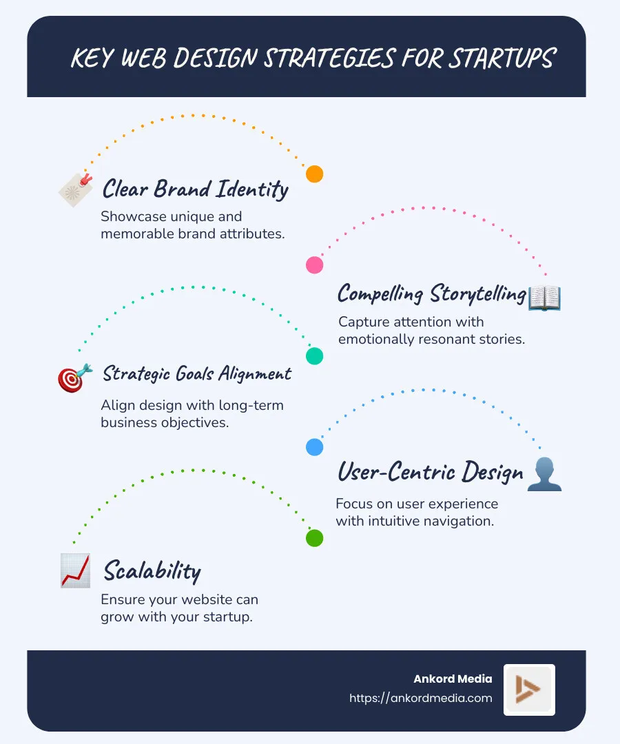 Infographic depicting key web design strategies for startups, including brand identity clarity, storytelling techniques, and aligning design with strategic business goals. - web design for startups infographic infographic-line-5-steps-blues-accent_colors