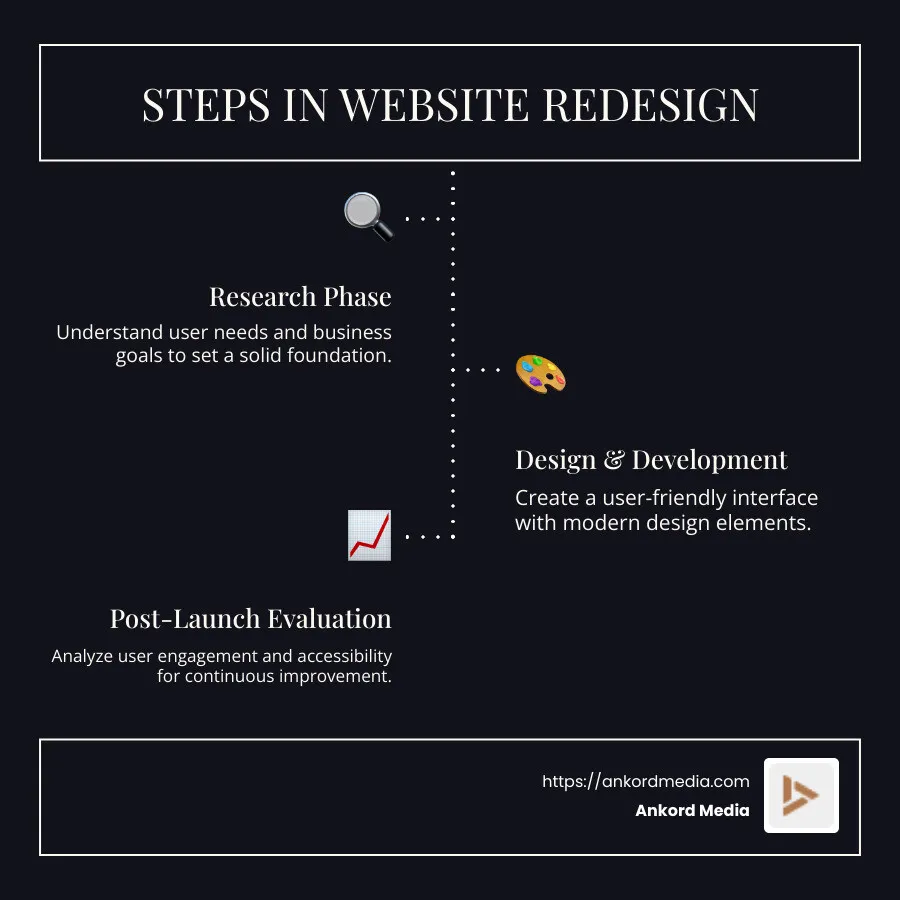 A flowchart detailing steps in a website redesign focusing on customer needs, starting from research phase to post-launch evaluation. - website redesign expert infographic infographic-line-3-steps-dark