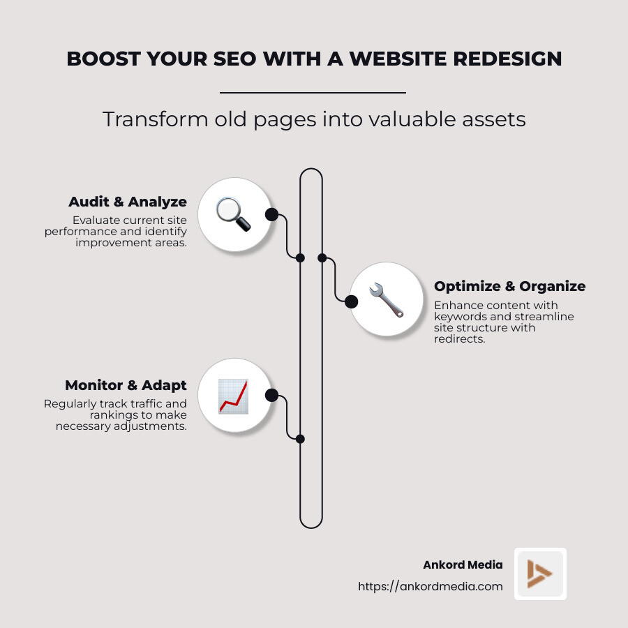 Quick steps to improve SEO with website redesign infographic - website redesign for seo infographic infographic-line-3-steps-neat_beige