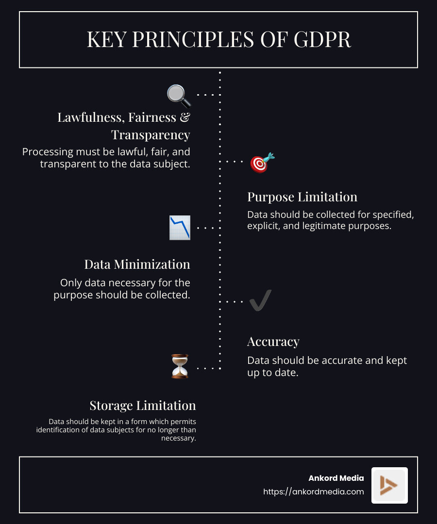 Infographic detailing the key principles of GDPR including lawfulness, purpose limitation, data minimization, accuracy, storage limitation, and accountability with examples of real-life scenarios where each principle applies - GDPR infographic infographic-line-5-steps-dark