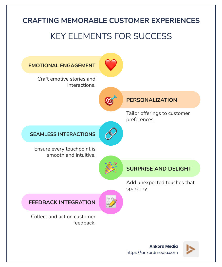 Infographic with the following elements: Emotional Engagement: Craft emotive stories | Personalization: Tailor offerings | Seamless Interactions: Ensure smooth touchpoints | Surprise and Delight: Spark unexpected joy - Memorable customer experiences infographic infographic-line-5-steps-colors