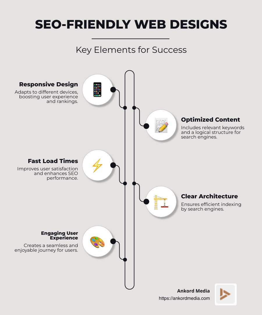 Infographic detailing elements of SEO-friendly web designs and their impact on search rankings and user experience - SEO-friendly web designs infographic infographic-line-5-steps-neat_beige