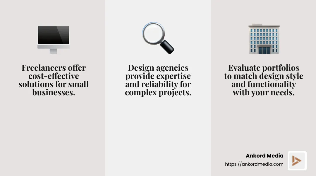 Evaluating portfolios is crucial for hiring the right web designer. - hire small business web designers infographic 3_facts_emoji_grey