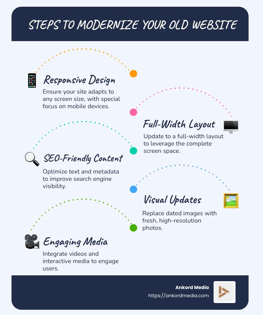 Infographic showing 8 visual elements for modernizing old websites, including responsive design, visual update with full-width layout, SEO-friendly content, engaging media with examples, static to dynamic change, mobile optimization emphasis, and clear call-to-action strategies - modernize old website infographic infographic-line-5-steps-blues-accent_colors