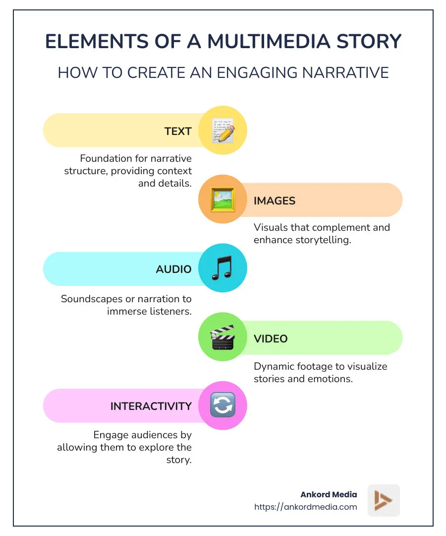 Infographic explaining elements of a multimedia story: text, images, audio, video, interactivity - multimedia story infographic infographic-line-5-steps-colors