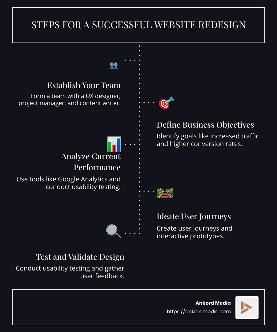 Infographic showing steps for a successful website redesign including team creation, objective definition, and design testing - website redesign for improved ux infographic infographic-line-5-steps-dark
