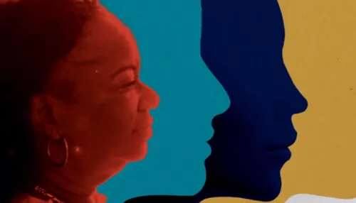 Profile of a woman in red with blue silhouettes in the background.