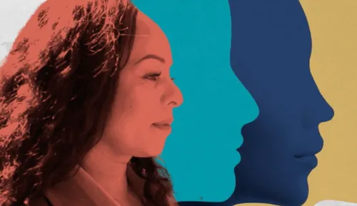 Profile of a woman in red with two overlapping blue silhouettes in the background.