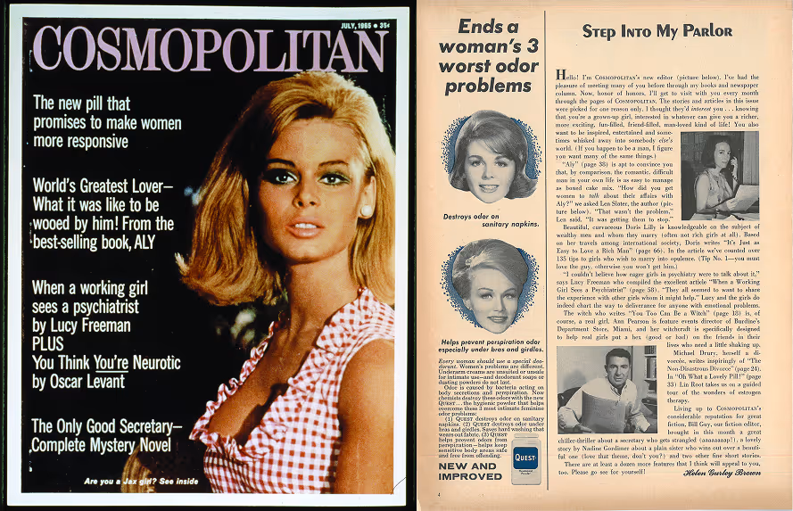 Historic Cosmopolitan magazine cover and interior spread from Helen Gurley Brown’s tenure.