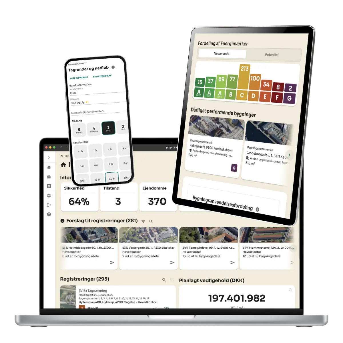 Skærmbilleder af proprty.ai-platformen på laptop, tablet og mobil