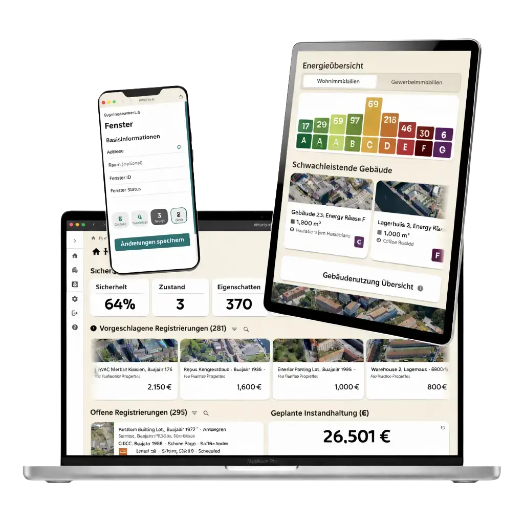 Skærmbilleder af proprty.ai-platformen på laptop, tablet og mobil