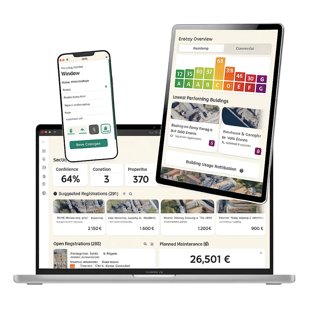 Skærmbilleder af proprty.ai-platformen på laptop, tablet og mobil
