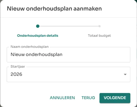 Create a new maintenance plan with name and start year in a digital property platform
