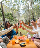 Group of four friends outdoors raising glasses in a toast around a wooden table with food and drinks.